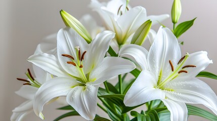 Beautiful white lilies on light background, symbol of gentleness, purity and virtue. closeup