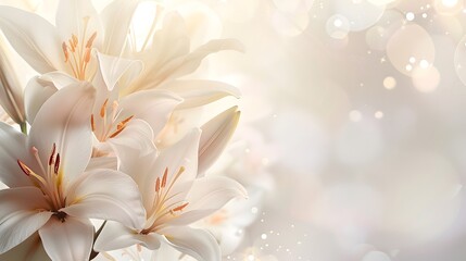 Beautiful white lilies on light background, symbol of gentleness, purity and virtue. closeup - obrazy, fototapety, plakaty