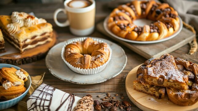 Variety of Freshly Baked Pastries on a Wooden Table. An inviting spread of assorted baked goods, including cakes and croissants, beautifully presented on a rustic wooden table with a cup of coffee.