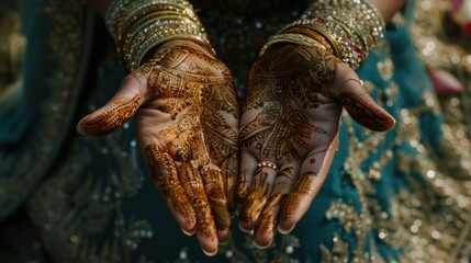 Exquisite Henna Art on Bride's Hands for Wedding. A bride presents the intricate henna designs adorning her hands, symbolizing beauty and tradition in a cultural wedding ceremony. - obrazy, fototapety, plakaty