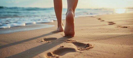 A closeup shot capturing the footprints left by a person walking on a sandy beach during their beach travel. - Powered by Adobe