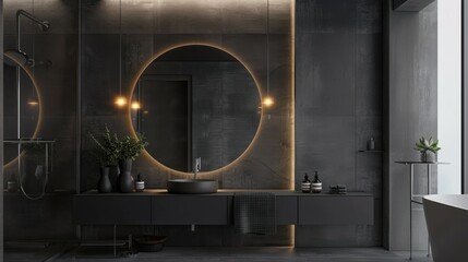 Dark Contemporary Bathroom with Circular Mirror. A contemporary bathroom with a striking circular mirror, ambient lighting, and dark tones creates a sophisticated and moody atmosphere.