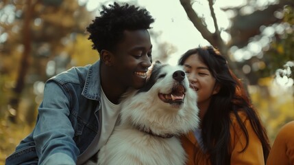Korean woman and African man, young couple, playing with dog in nature. Cute couple sharing joyful moment in sunlit forest. Concept of relationship, friendship, pet lovers, romantic, lifestyle.
