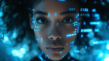 foto minimalista de una mujer negra experta en seguridad cibernética con código AI superpuesto a su alrededor y sobre su cara. - obrazy, fototapety, plakaty