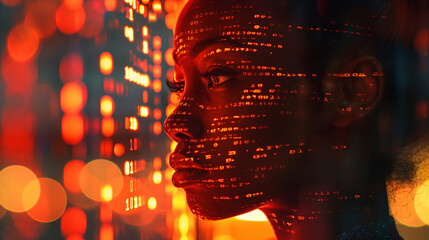 foto minimalista de una mujer negra experta en seguridad cibernética con código AI superpuesto a su alrededor y sobre su cara.
