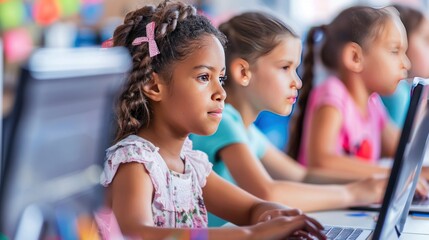 Children Engaged in Educational Computer Activities. Three focused children using computers for learning in a classroom setting with colorful decorations.