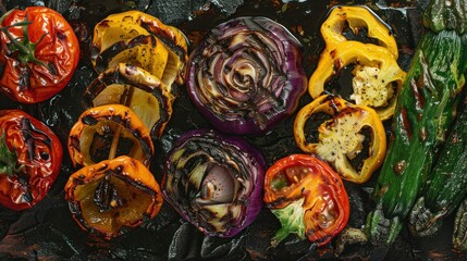 Charred Vegetables on Grill Close-up. Close-up of various vegetables with beautiful char marks as they grill, showcasing an array of colors and textures.