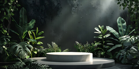 Podium for product stand with plant background and cinematic light, front view - Ai Generated