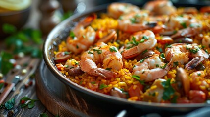 a Spanish paella dish, showcasing seafood and saffron rice, Mediterranean cuisine - obrazy, fototapety, plakaty