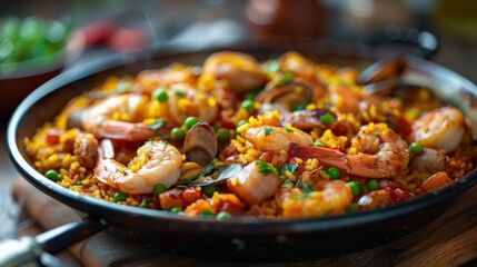 a Spanish paella dish, showcasing seafood and saffron rice, Mediterranean cuisine