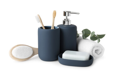 Bath accessories. Set of different personal care products and eucalyptus leaves isolated on white