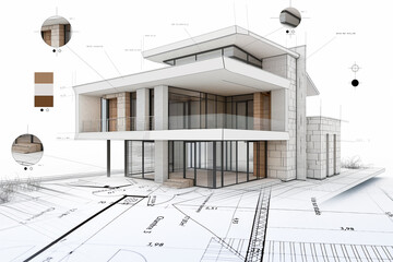 Projet de construction d'une maison moderne d'architecte sous forme d'esquisse avec plan - 740029414