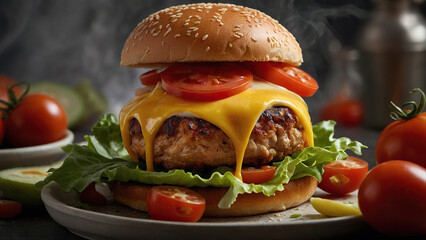 Delicious fresh cheeseburger with old grey background. Fresh american kitchen.