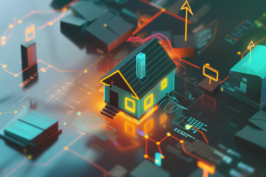 3d rendering of home with glowing lights on circuit board background. Investment for real estate concept.