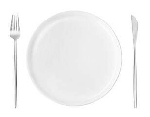 Clean plate, fork and knife on white background, top view