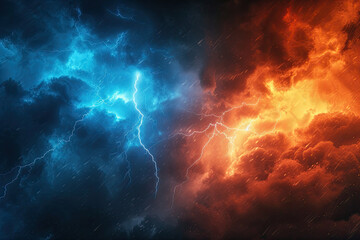 lightning storm with storm clouds and flame on the sky. gloomy cloudy dramatic ominous epic sky background