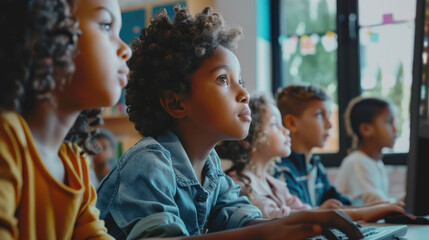 Diverse group of children sitting for learning computer at school classroom