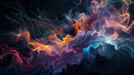 Vibrant swirls of digital smoke in red, blue, and orange hues against a dark backdrop, creating a...