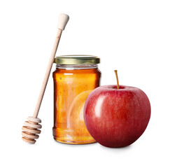Honey in glass jar, apple and dipper isolated on white