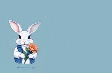 drawing of a bunny with flowers and the text "Happy Easter" . Lots of free space. Greeting card. Spring background. 