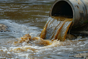 Dirty water from a sewage pipe being pumped into a clean river