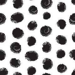 Hand painted black spots resembling sea urchins simple vector seamless pattern. Black polka dots on white background. Elegant art texture for printing on various surfaces or usage in graphic design 