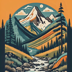 mountain adventure and travel flat colors vertical poster camping and hiking vector illustration - generated by ai