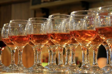 Bottles and glasses of wine. Tasting of sweet Bulgarian wines, Varna (Bulgaria)