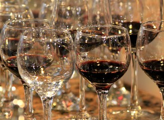 Bottles and glasses of wine. Tasting of sweet Bulgarian wines, Varna (Bulgaria)