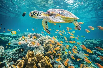 Fotobehang a coral reef bustling with marine life, including schools of fish and a gracefully swimming sea turtle © arhendrix