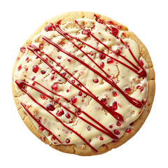 top view of a delicious looking single Pomegranate White Chocolate cookie isolated on a white transparent background