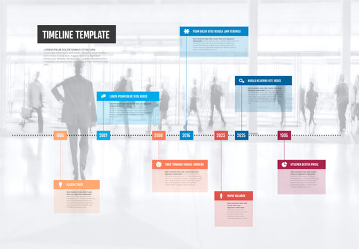 Infographic timeline template with horizontal dotted time line color content blocks with icons and photo placeholder