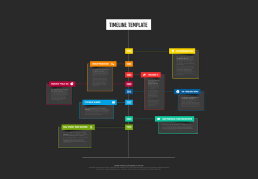 Vertical dark Infographic timeline template with dotted time line and color content blocks with icons