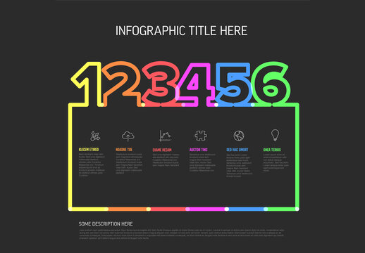 Minimalistic thick line six steps elements template made from big numbers on dark background