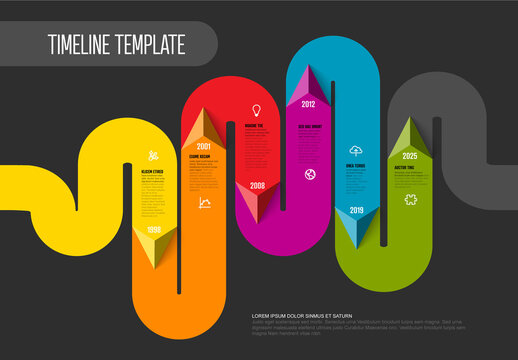 Infographic timeline template with up and down triangle arrows on thick color line and dark background