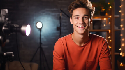 Cheerful young man recording podcast in studio with copy space. Smiling caucasian man talking on web radio. Social media influencers or content maker concept in relaxed casual style at home. - obrazy, fototapety, plakaty