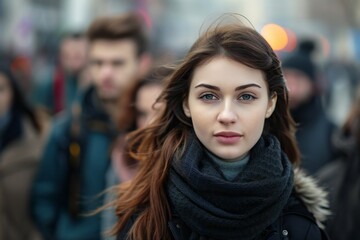 Fototapeta premium Large group of people standing in the street with focus on woman looking at camera, illustration