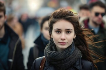 Large group of people standing in the street with focus on woman looking at camera, illustration