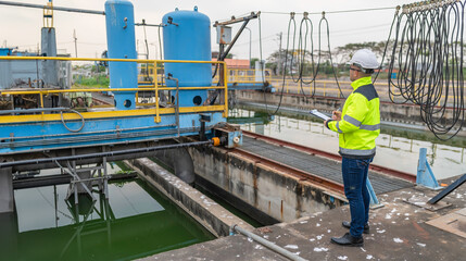 Environmental engineers work at wastewater treatment plants,Water supply engineering working at Water recycling plant for reuse