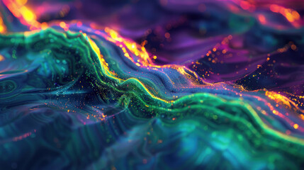 A vivid digital landscape with neon colors and dynamic waves, psychedelic vision, creative background - obrazy, fototapety, plakaty