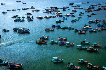 Small fishing boats anchored on the sea