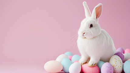 Cute white rabbit sitting on top of colorful easter eggs on a pink background with text copy space on left - obrazy, fototapety, plakaty