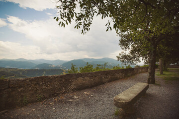 Empty picnic table and chairs in the mountains on a beautiful viewpoint. picnic table at the european mountains. amazing and beautiful place with beautiful view to stay.