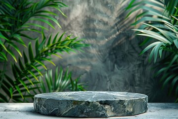 Natural grey marble stone podium for product placement mockup on foliage nature botanical grey background
