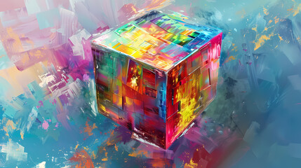 Vibrant Abstract Cube in a Colorful Mist