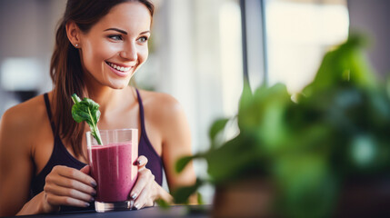 Happy healthy young woman drinking vegetable smoothie freshly prepared from various herbal ingredients on her kitchen table. Healthy eating lifestyle concept. Detox dieting, raw eating