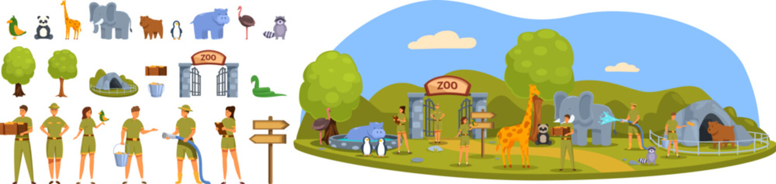 Zookeeper icons set cartoon vector. Zoo park animal. Summer feeding wild animal