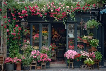 Fototapeta na wymiar a store front view flower shop. street outdoor. beautiful flower shop front decoration