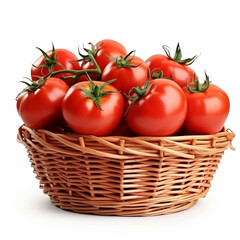 A basket full of fresh tomatoes on a white background, 