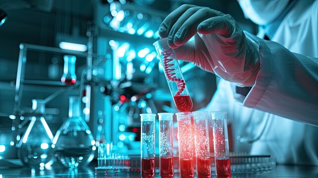 Scientist Holding Test Tube with DNA Molecules and Genetic Material